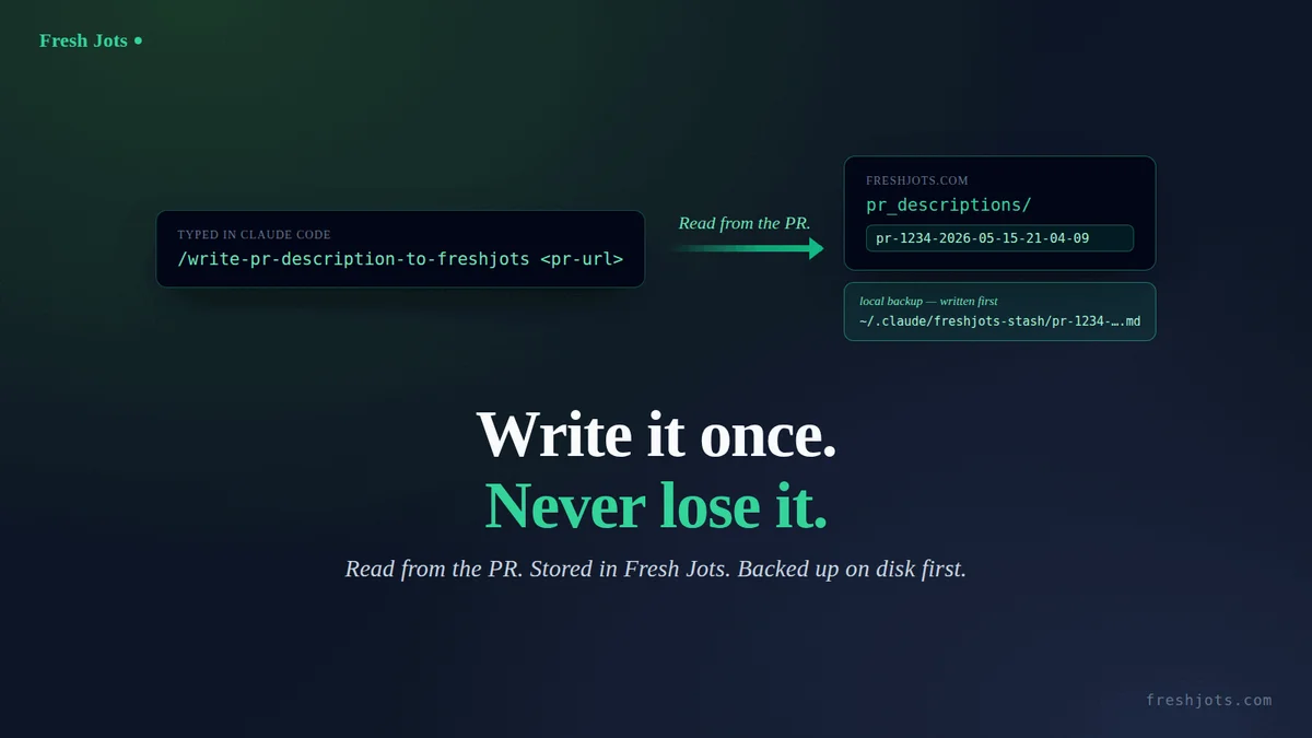 `/write-pr-description-to-freshjots <pr-url>` — craft a PR write-up, store it, back it up locally