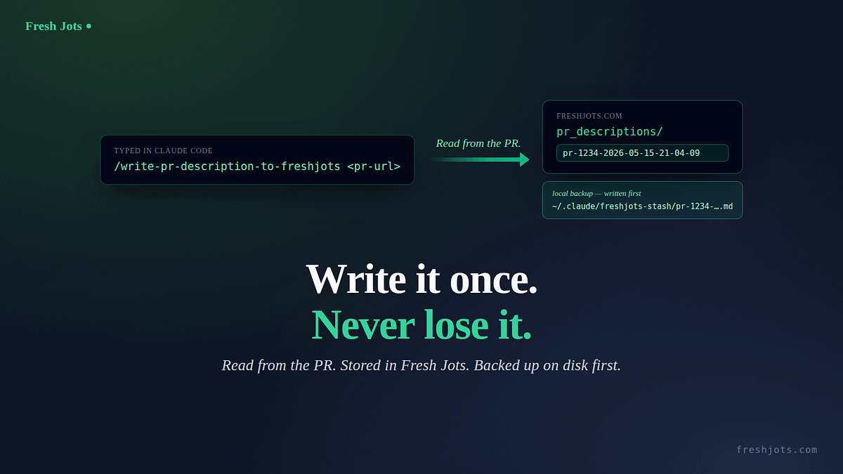 `/write-pr-description-to-freshjots <pr-url>` — craft a PR write-up, store it, back it up locally